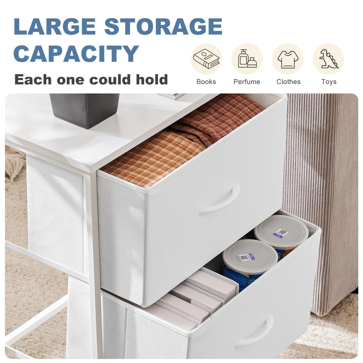 DUMOS nightstand shows compact 20-inch height for small spaces.