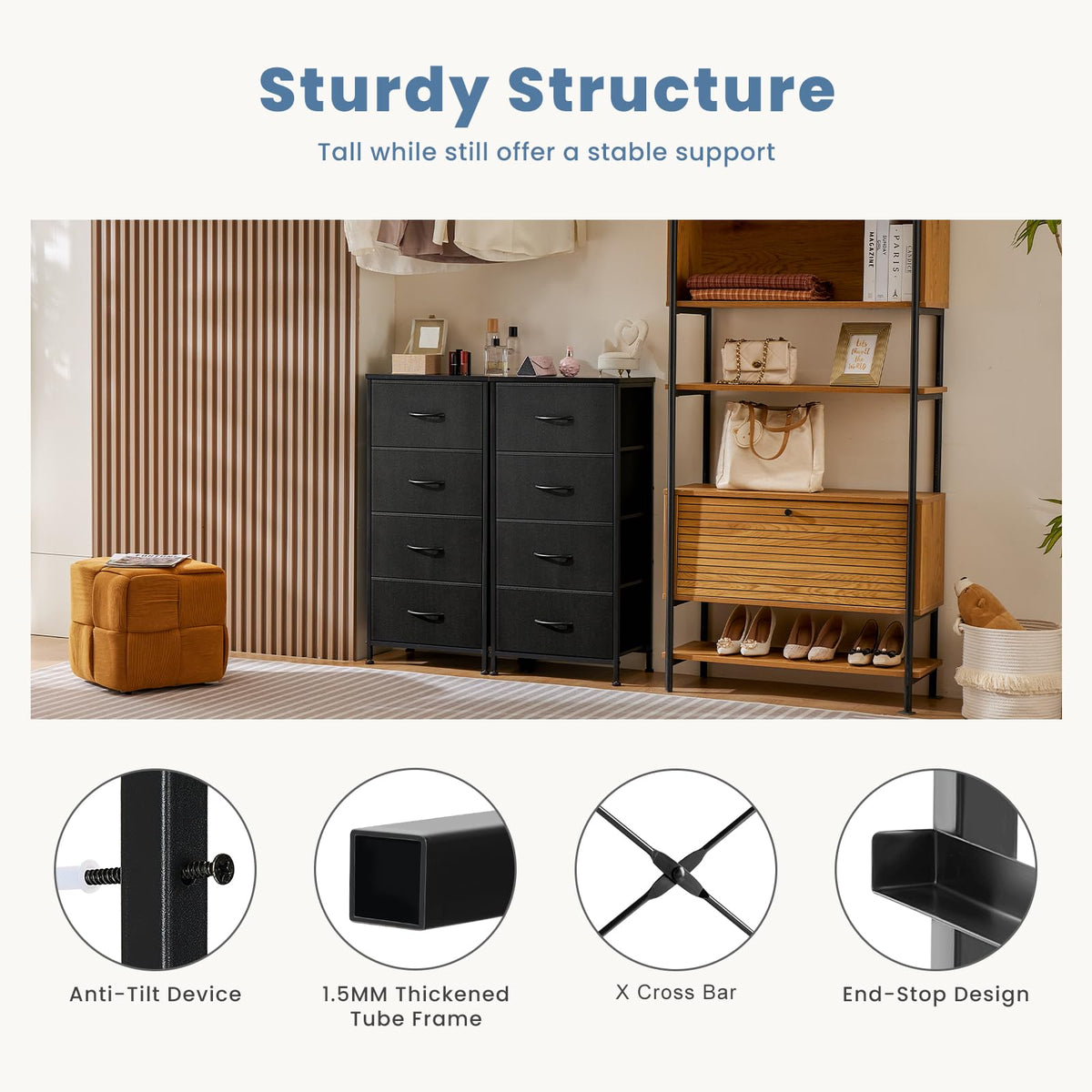 DUMOS nightstand anti-tip design enhances bedroom safety.