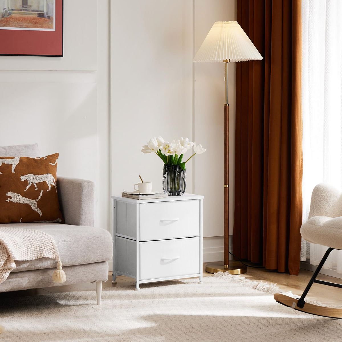 Bedroom setup using DUMOS nightstand as a compact storage solution.