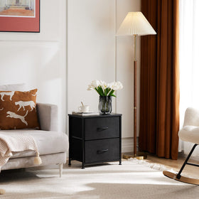 DUMOS nightstand metal frame and fabric build designed for durability