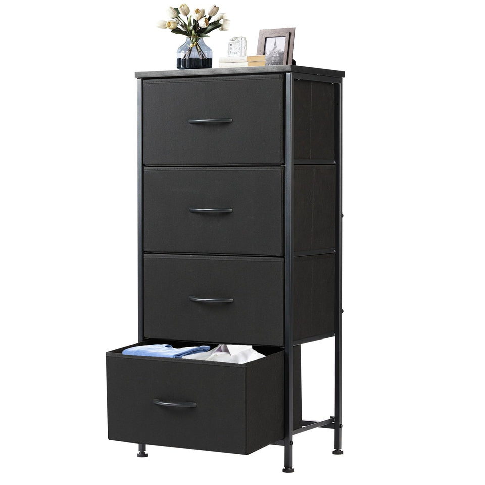 DUMOS nightstand with four drawers and wood top for bedside organization.