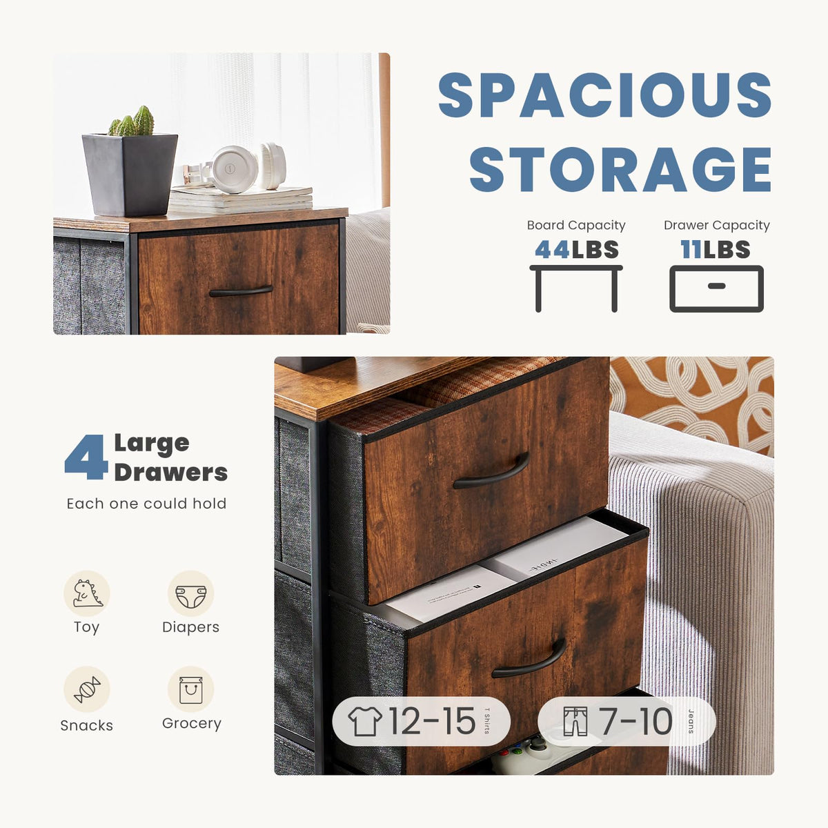 DUMOS nightstand four drawers provide ample storage near the bed.