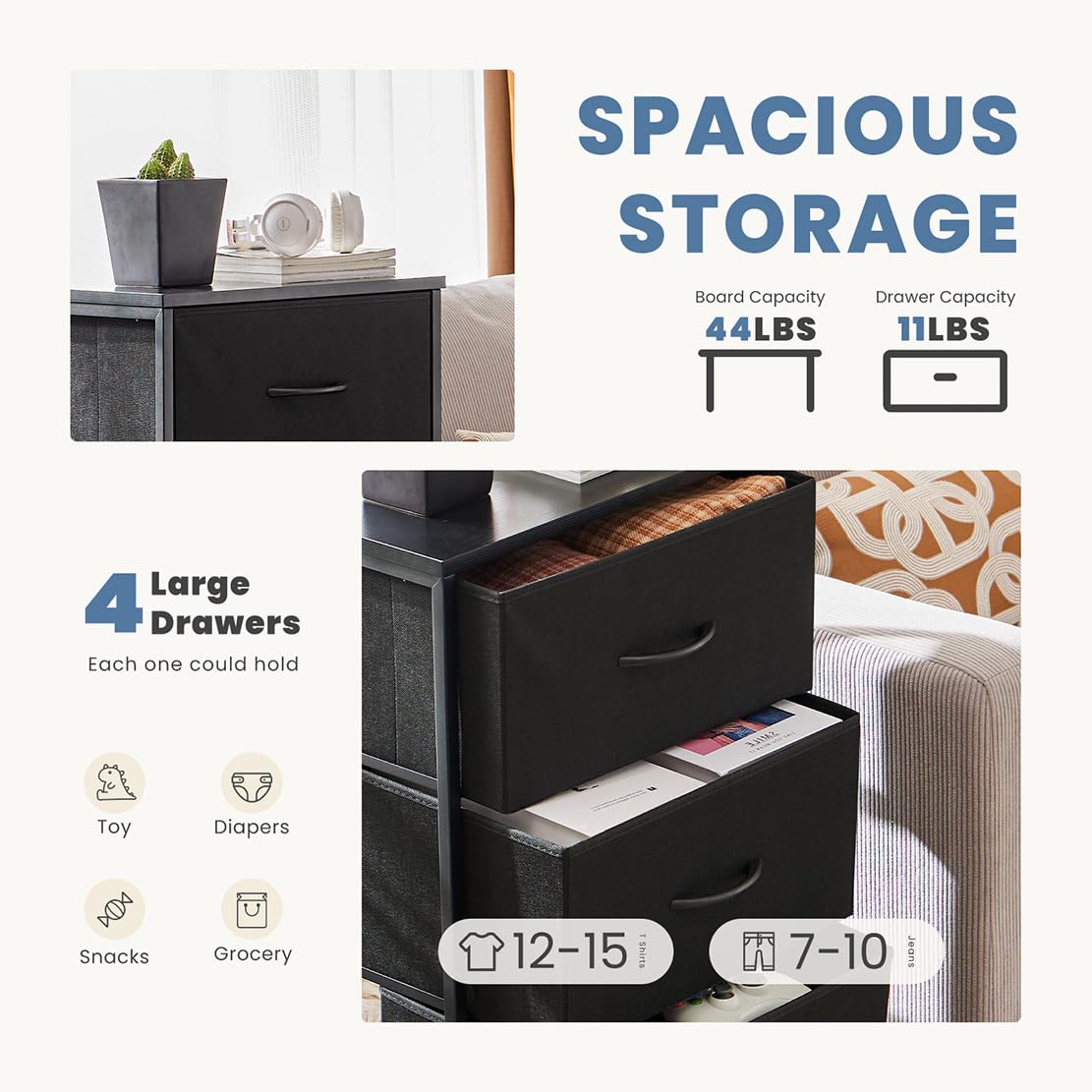 DUMOS nightstand removable fabric bins for quick closet organization.