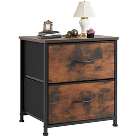 DUMOS nightstand with wood-top and fabric drawers for bedside organization