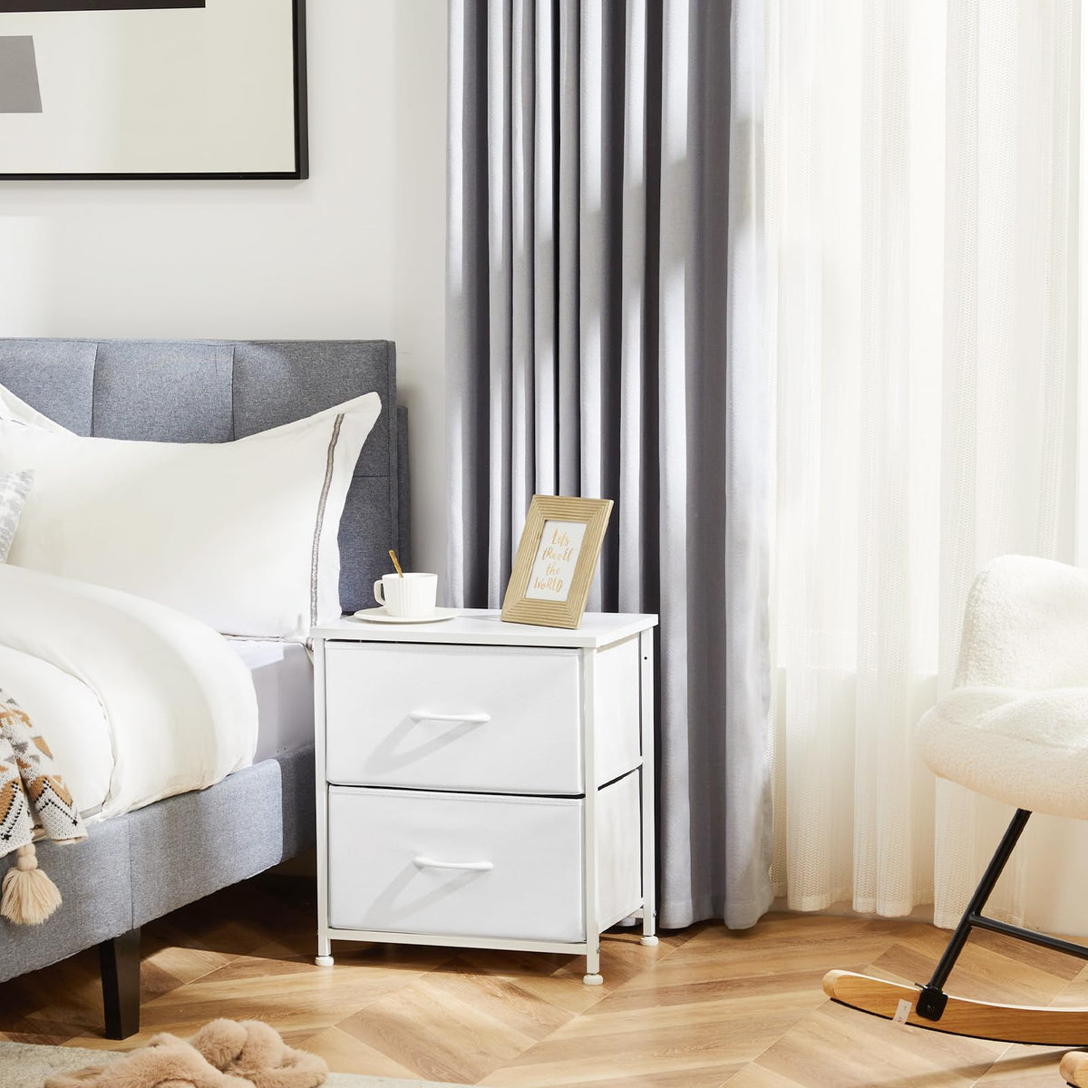 Sturdy metal frame supports daily use on the DUMOS nightstand.