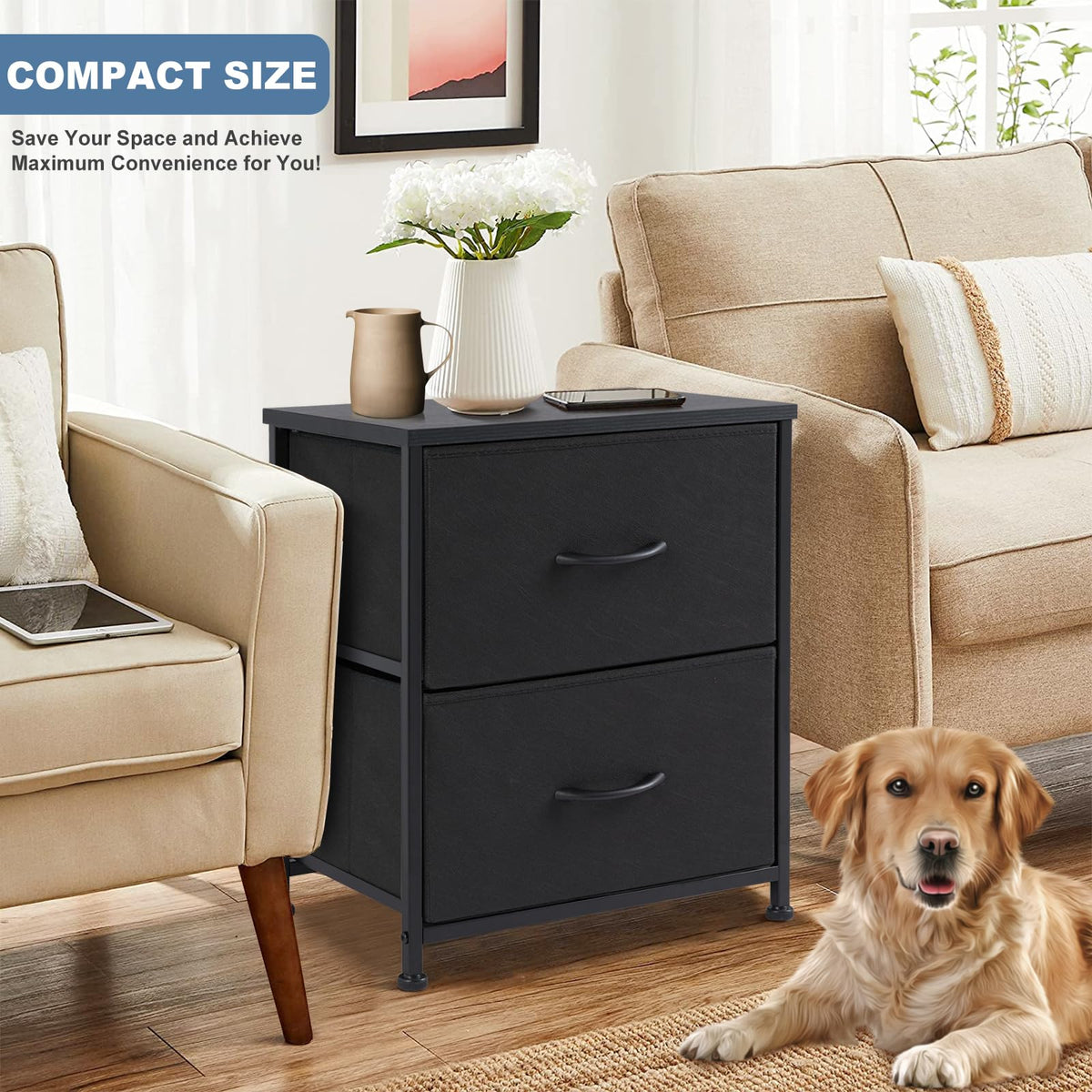 DUMOS nightstand with two fabric drawers front view keeps belongings organized