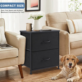 DUMOS nightstand with two fabric drawers front view keeps belongings organized