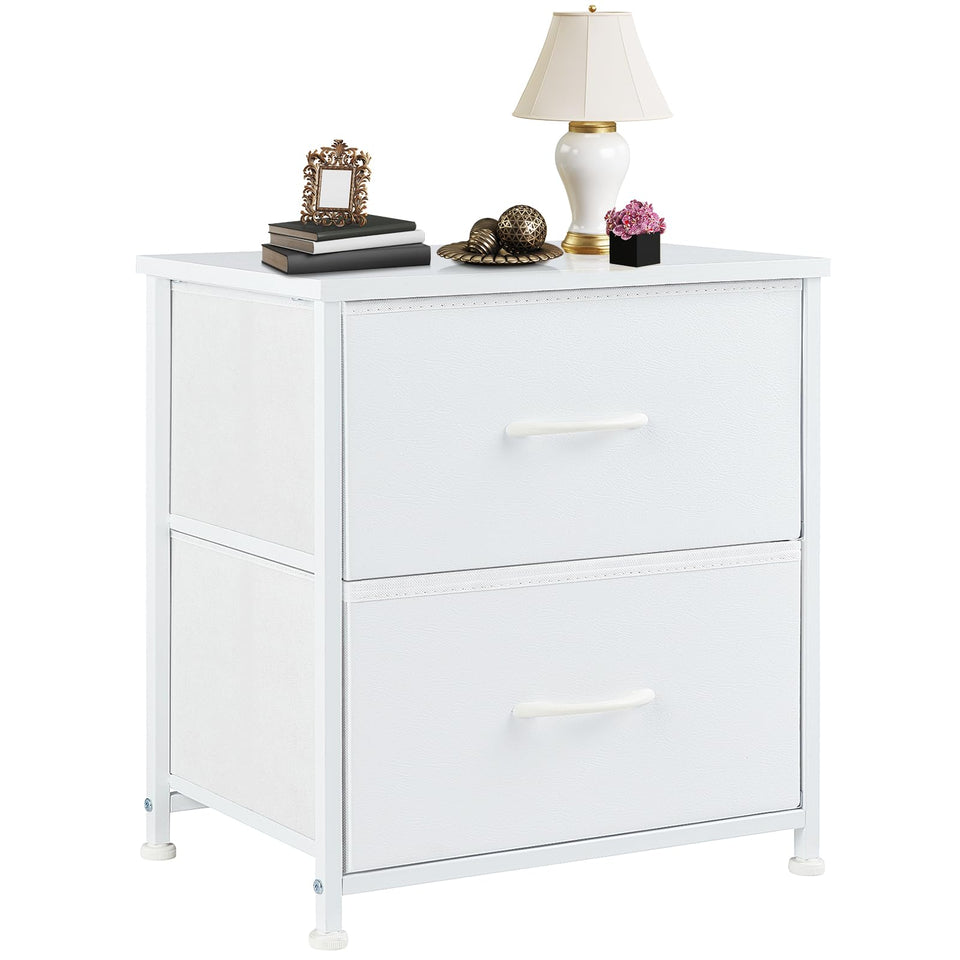 DUMOS nightstand with wood-top and fabric drawers for organized bedside storage.