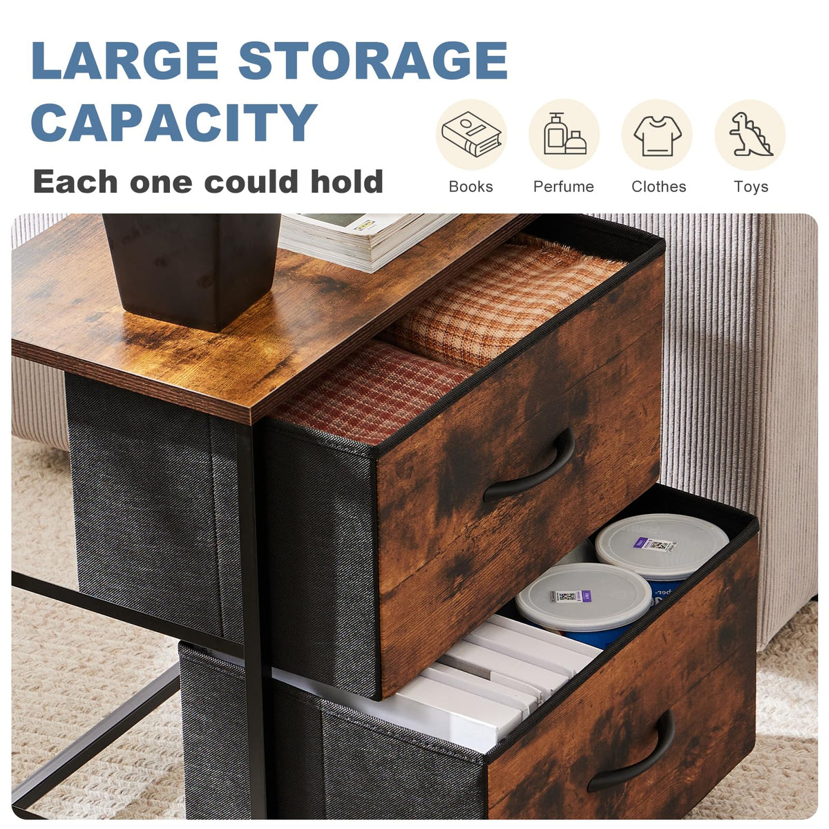 DUMOS nightstand wooden top provides a durable easy-clean surface