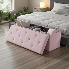 DUMOS pink end-of-bed bench combines style with practical storage and seating