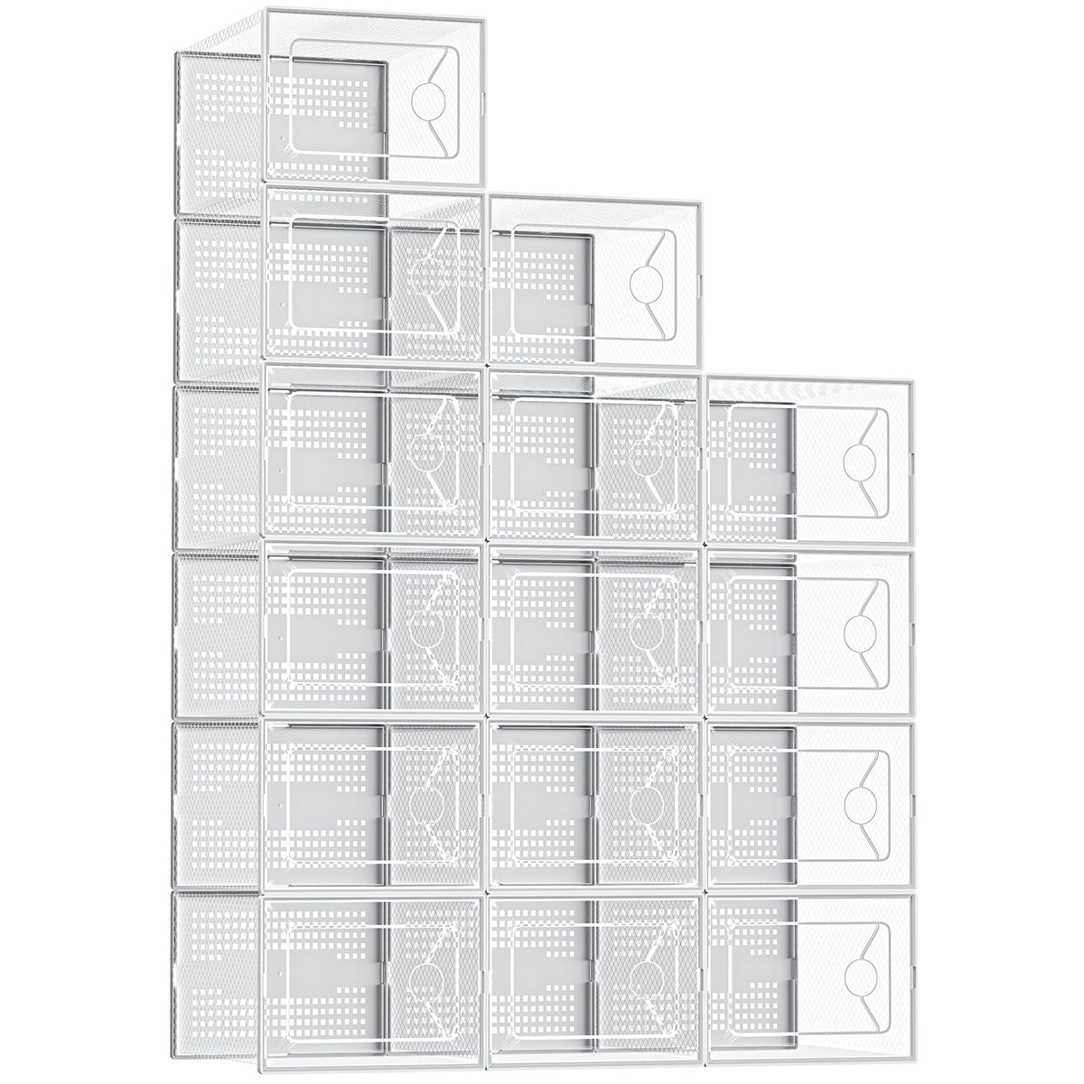 DUMOS stackable shoe boxes with clear front view for quick sneaker visibility.