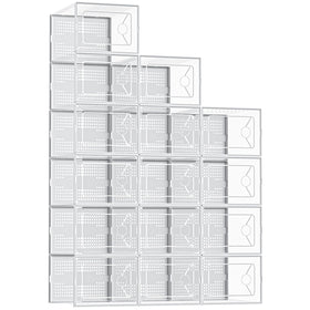 DUMOS stackable shoe boxes with clear front view for quick sneaker visibility.