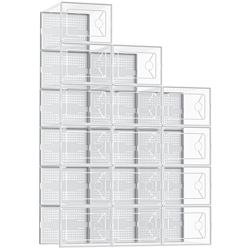 DUMOS stackable shoe boxes with clear front view for quick sneaker visibility.