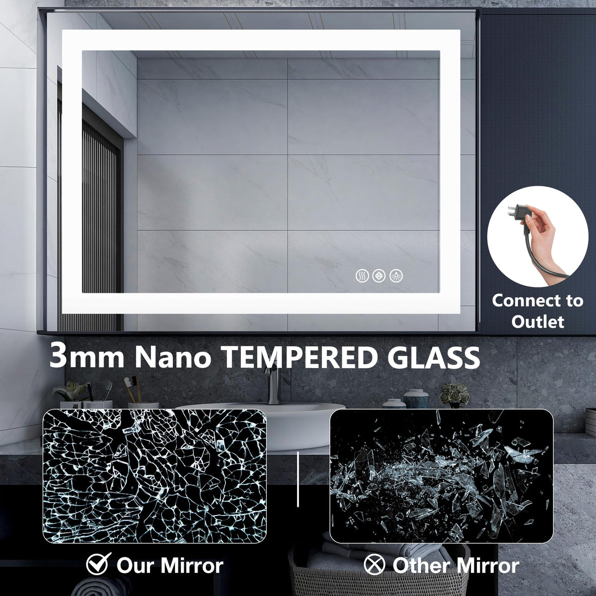 DUMOS slim rectangular design fits modern bathrooms with energy-efficient lighting.