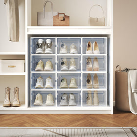 DUMOS shoe and accessory box system organizes sneakers and sandals efficiently.