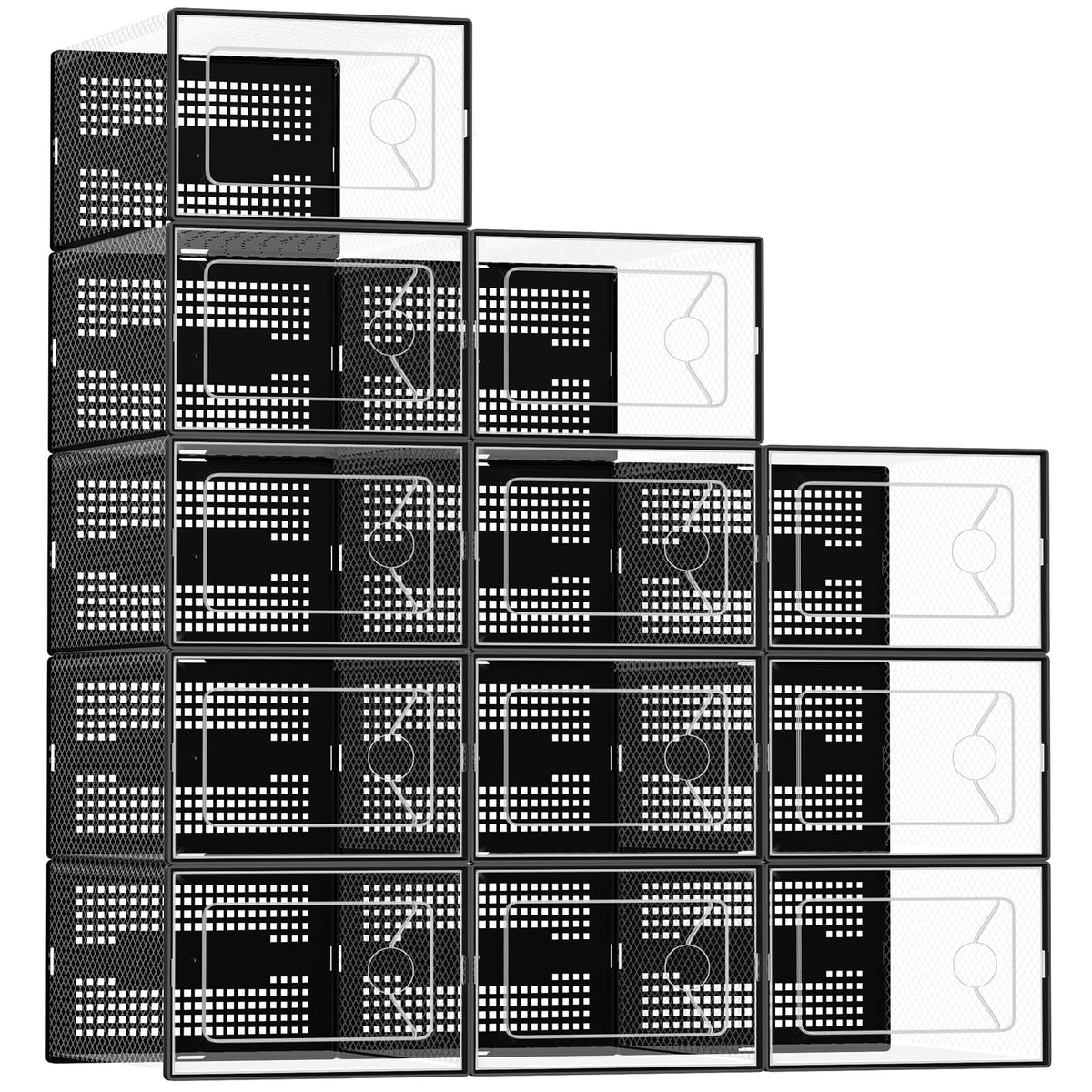 DUMOS stackable clear shoe boxes with lids arranged for organized closet storage.