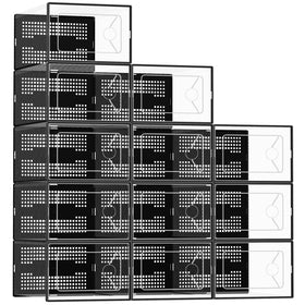 DUMOS stackable clear shoe boxes with lids arranged for organized closet storage.