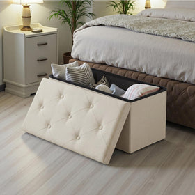 DUMOS storage ottoman beige MDF construction supports sturdy daily use.