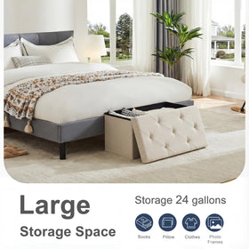 DUMOS storage ottoman beige folded flat for compact storage.