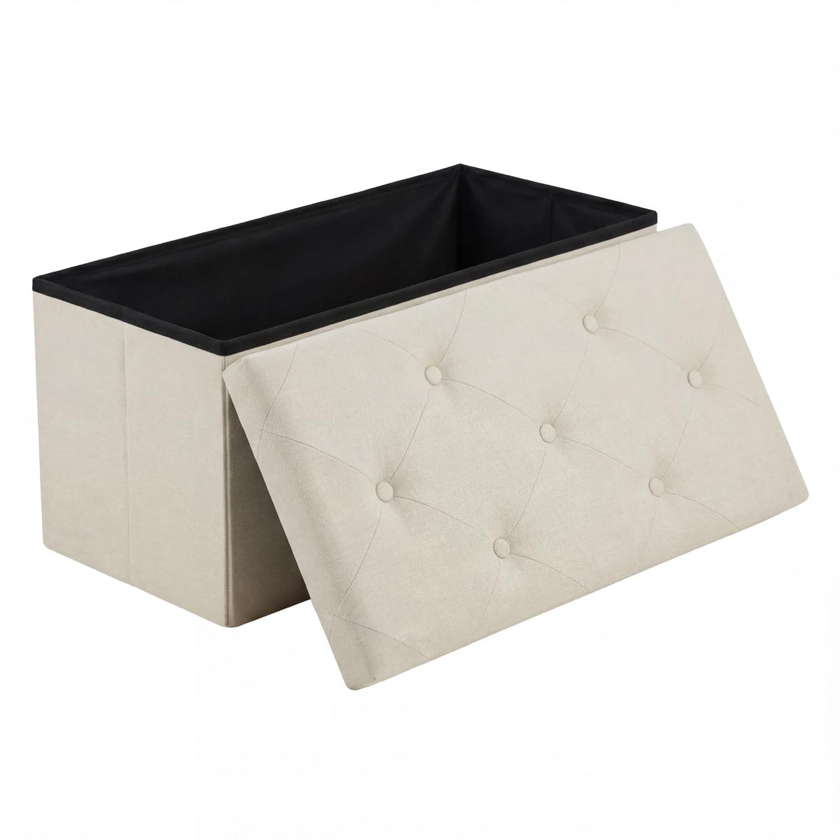 DUMOS storage ottoman beige front view shows sturdy frame and plush cushion for daily use.