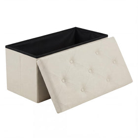 DUMOS storage ottoman beige front view shows sturdy frame and plush cushion for daily use.