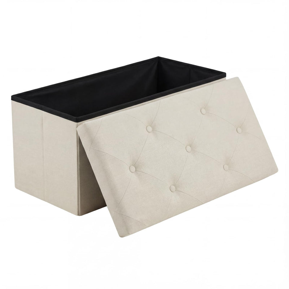 DUMOS storage ottoman beige front view shows sturdy frame and plush cushion for daily use.