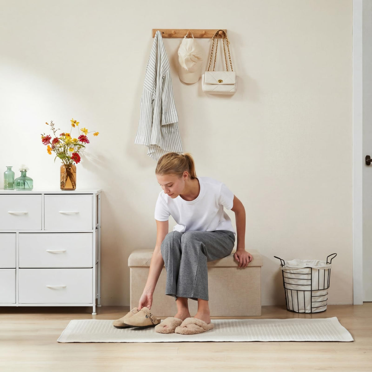 DUMOS storage ottoman beige open lid reveals roomy interior for blankets.