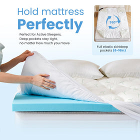 DUMOS deep-pocket skirt-fit keeps topper secure on mattresses.