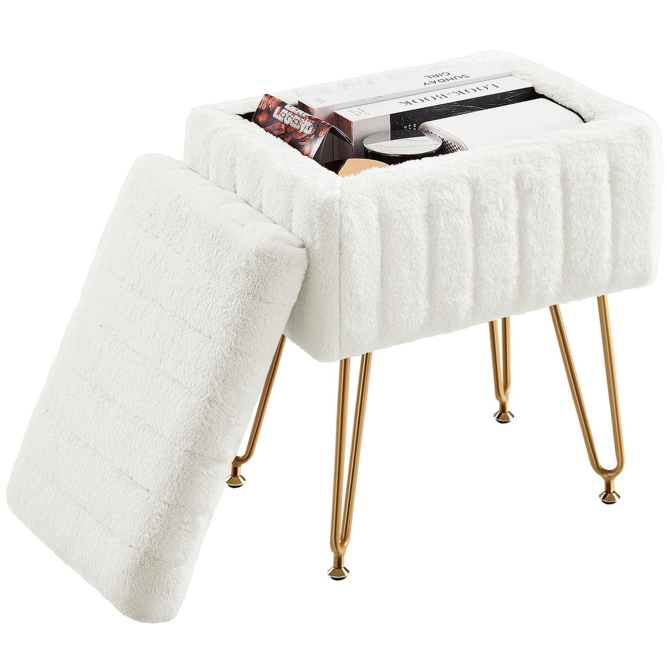DUMOS vanity stool with hidden storage keeping cosmetics and magazines organized