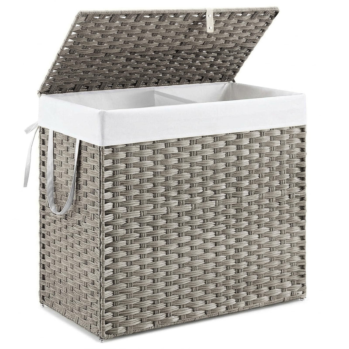 DUMOS wicker laundry basket with lid showcases spacious 110L capacity for organized laundry storage.