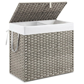 DUMOS wicker laundry basket with lid showcases spacious 110L capacity for organized laundry storage.