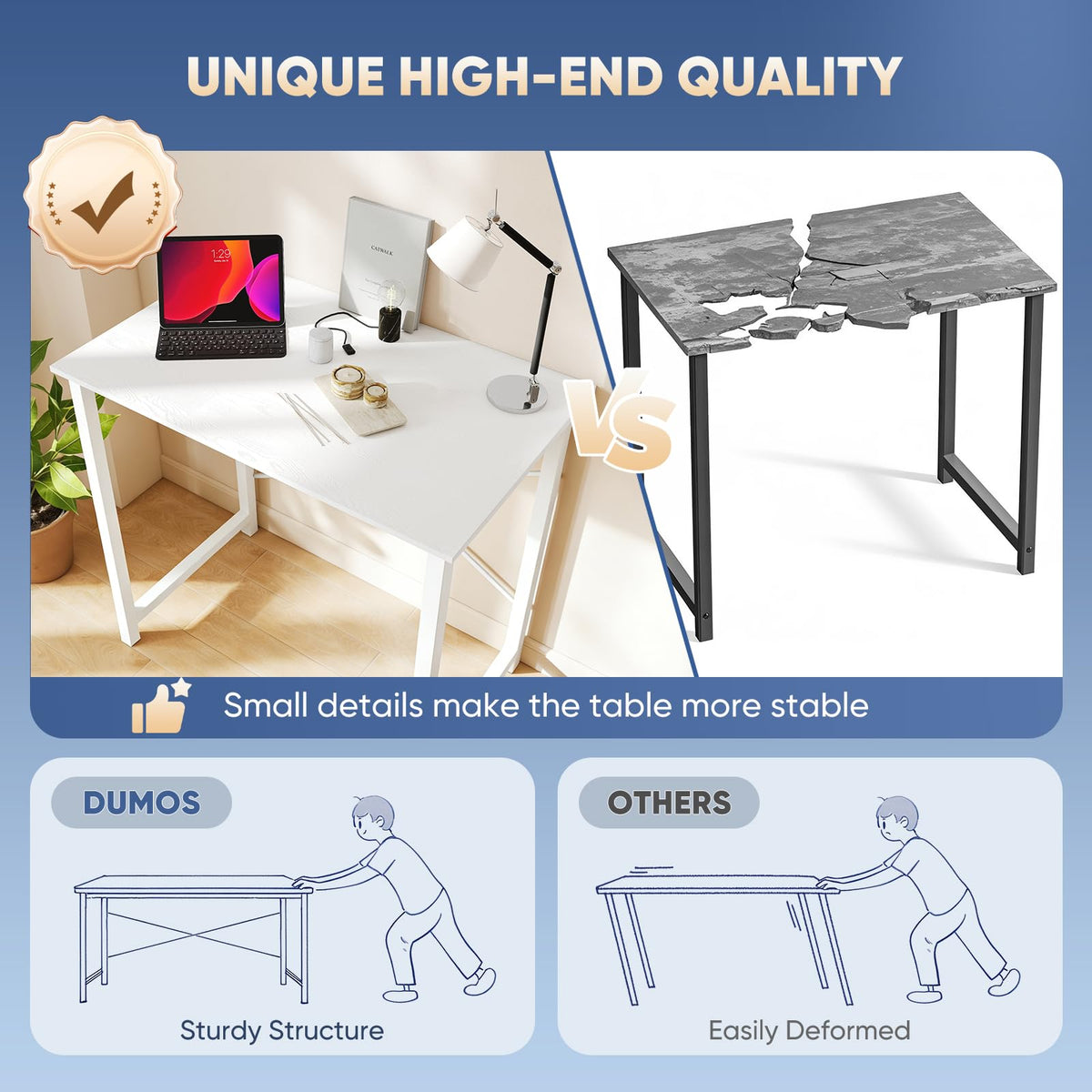 DUMOS wood white desk top close-up shows scratch and spill resistance