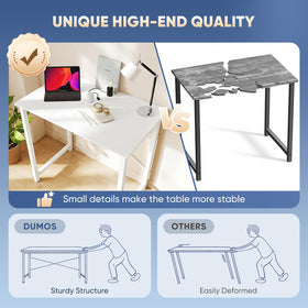 DUMOS wood white desk top close-up shows scratch and spill resistance