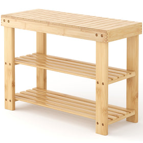 DUMOS wooden shoe rack bench front view showing space-saving entryway organization