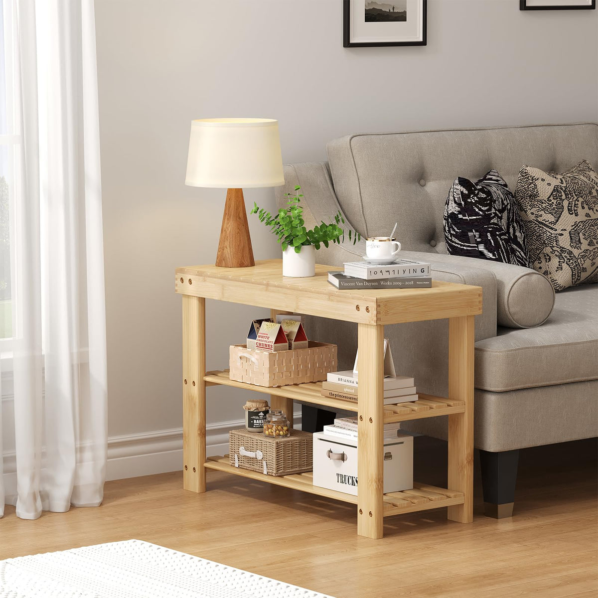 DUMOS wooden shoe rack bench multiuse suggesting nightstand and towel rack options