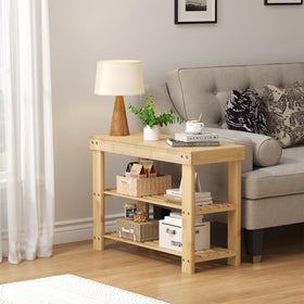DUMOS wooden shoe rack bench multiuse suggesting nightstand and towel rack options