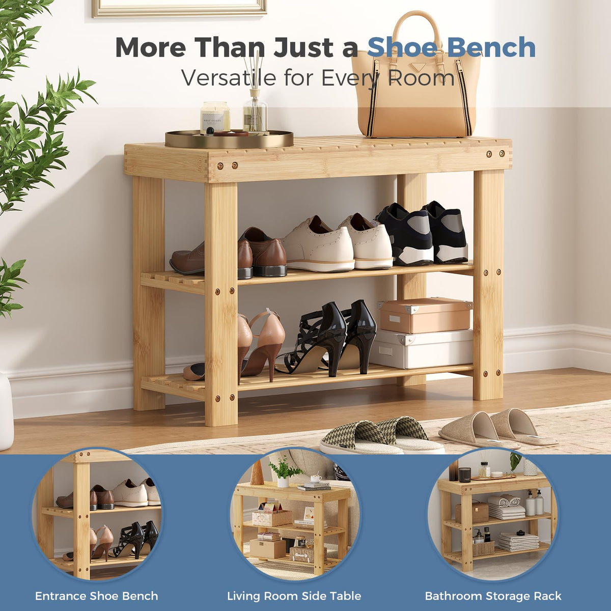 DUMOS wooden shoe rack bench side view highlighting sturdy bamboo construction