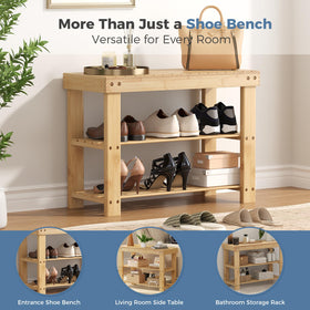 DUMOS wooden shoe rack bench side view highlighting sturdy bamboo construction