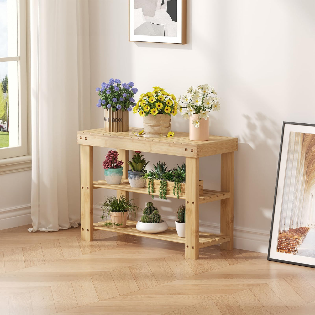 DUMOS wooden shoe rack bench top view illustrating compact 3-tier layout