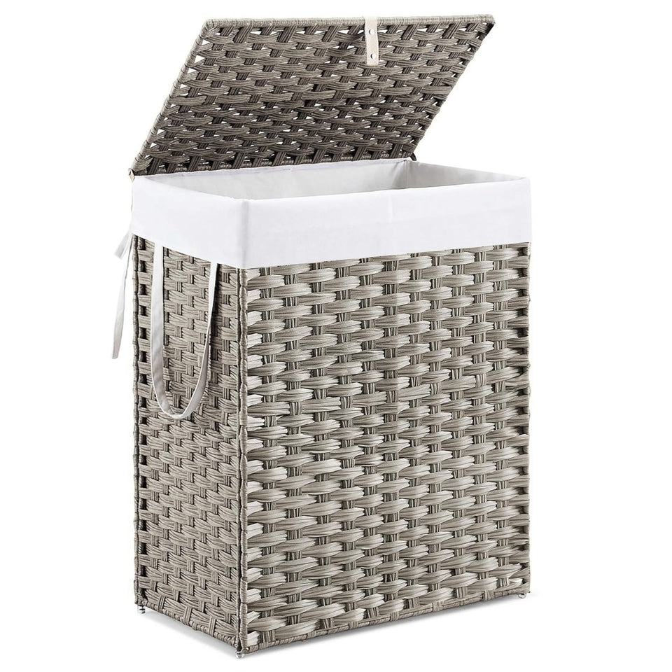 DUMOS woven laundry basket with lid keeps laundry out of sight and odors contained.