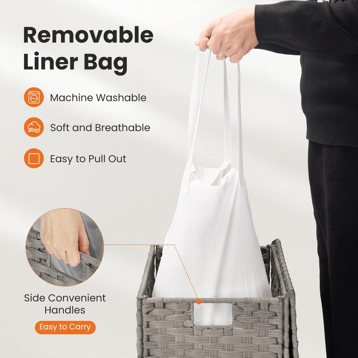 DUMOS basket with removable liner for easy machine washing.