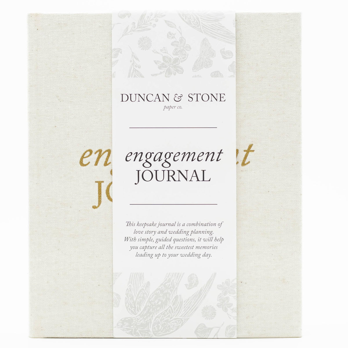 DUNCAN & STONE Engagement Journal cover in linen for timeless memory-keeping.