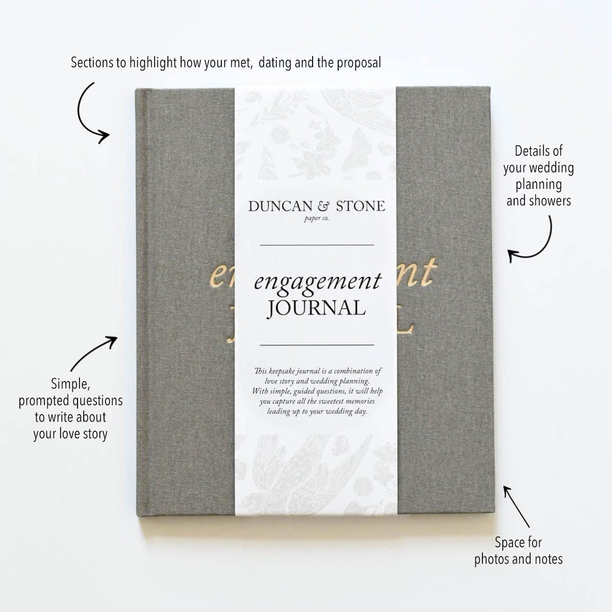 Gold-embossed spine detail on Duncan & Stone Engagement Journal for premium craftsmanship.