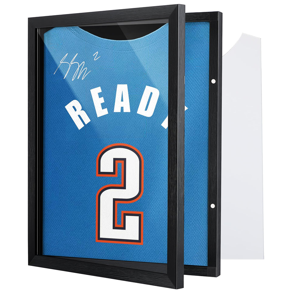 Dunkive T shirt display frame front view with UV-protected acrylic for clear viewing
