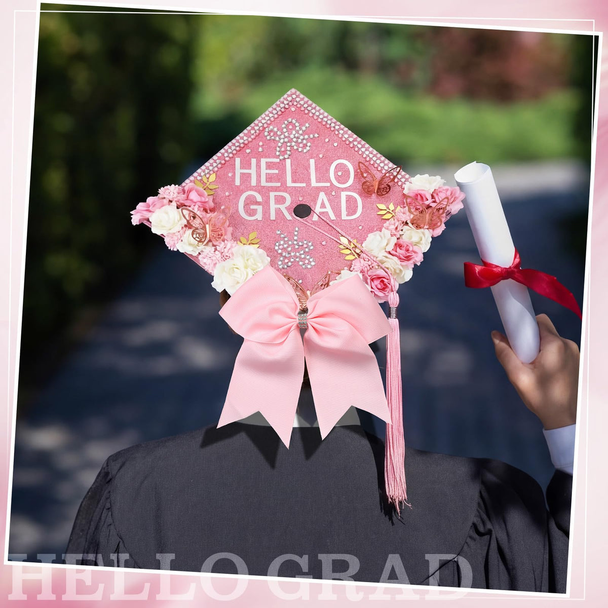 Dunzoom Hello Grad golden leaves create a luxe cap accent