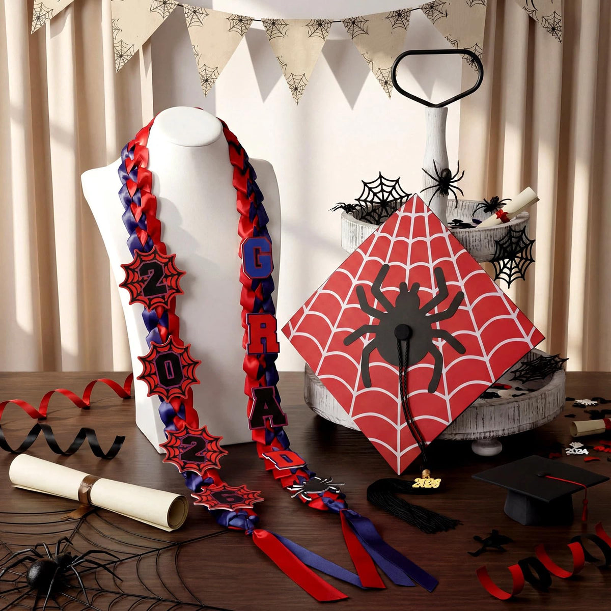 Dunzoom spider-themed lei details add festive flair to cap-and-gown looks.