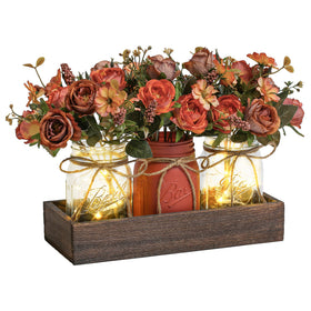 DUOER three-piece mason jar centerpiece with wood tray and warm LED lights for cozy dining