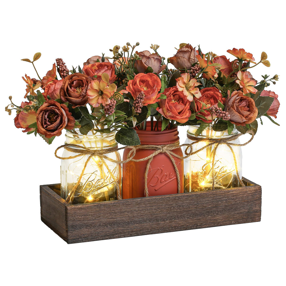 DUOER three-piece mason jar centerpiece with wood tray and warm LED lights for cozy dining