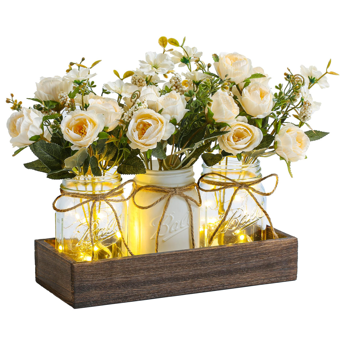 DUOER centerpiece wood tray with jars for rustic living room decor