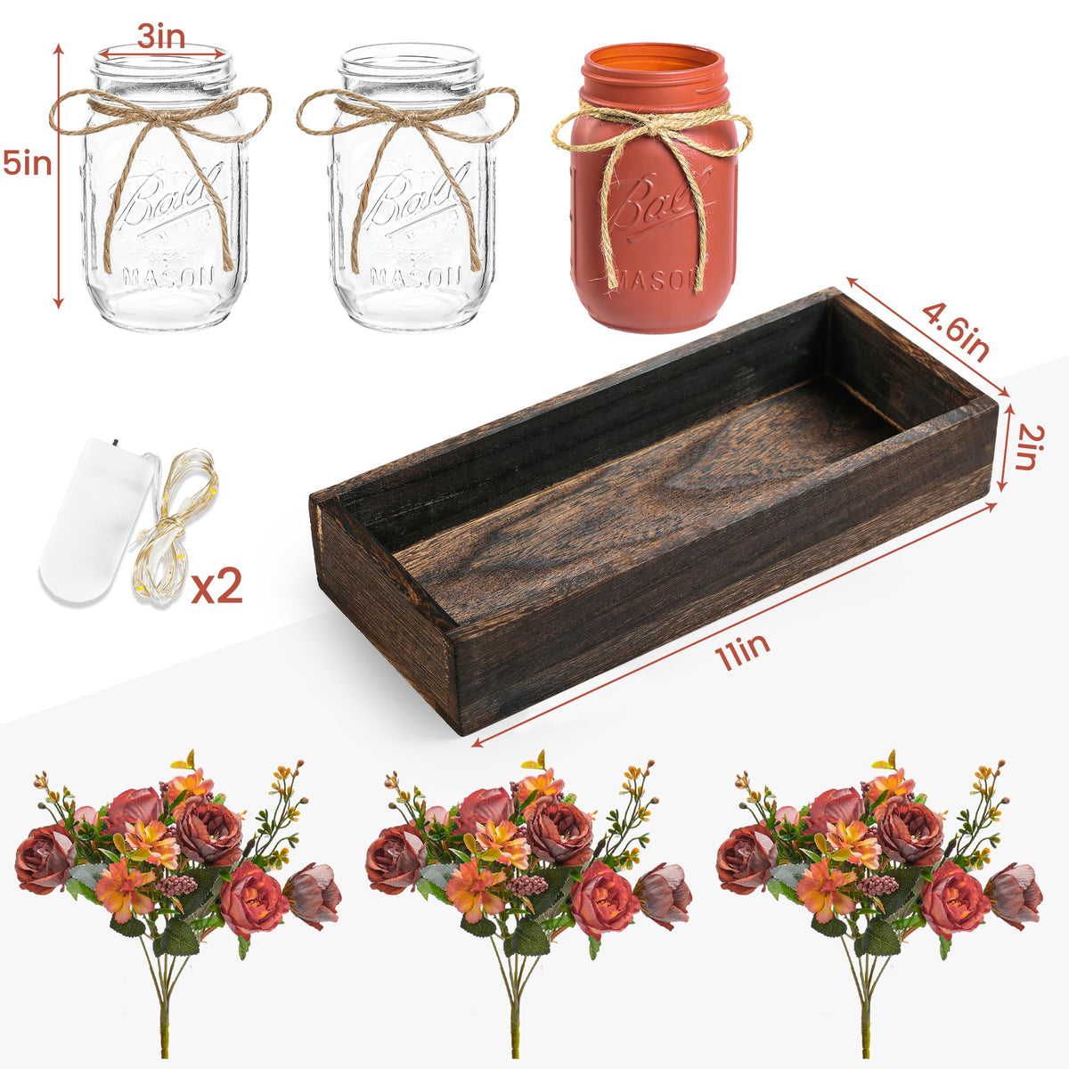 DUOER 3-Pcs Mason Jar Centerpieces with Wood Tray & LED Lights – Farmhouse Table Decor (Orange)